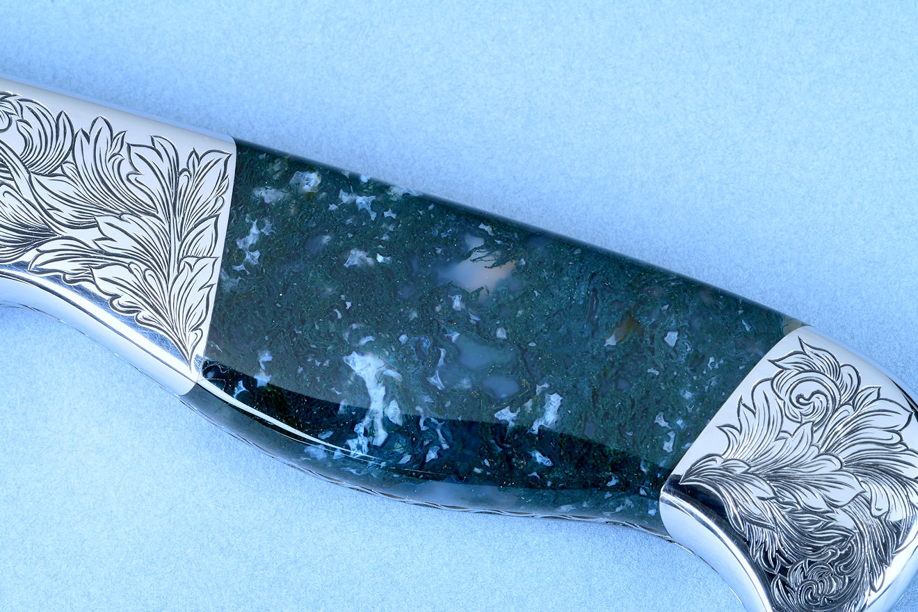 "Shedar" (Cassiopeia chef's set) Sabatier, French Chef's, Master Chef's knife, obverse side gemstone  handle enlargement detail in T3 cryogenically treated 440C high chromium stainless steel blade, hand-engraved 304 stainless steel bolsters, Indian Green Moss Agate gemstone handle